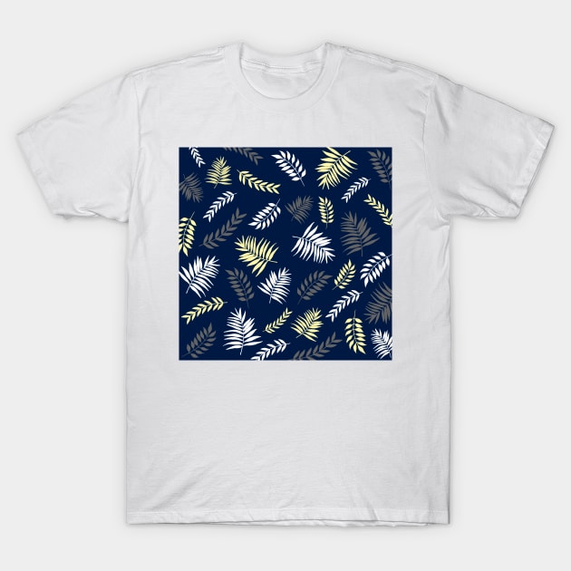 Abstract Leaves Pattern In White, Grey and Gold With Royal Blue Background T-Shirt by AishwaryaMathur